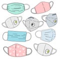 Set of protective face masks and respirators. Cute cartoon illustration, isolated. Blue, pink, grey and aqua colors